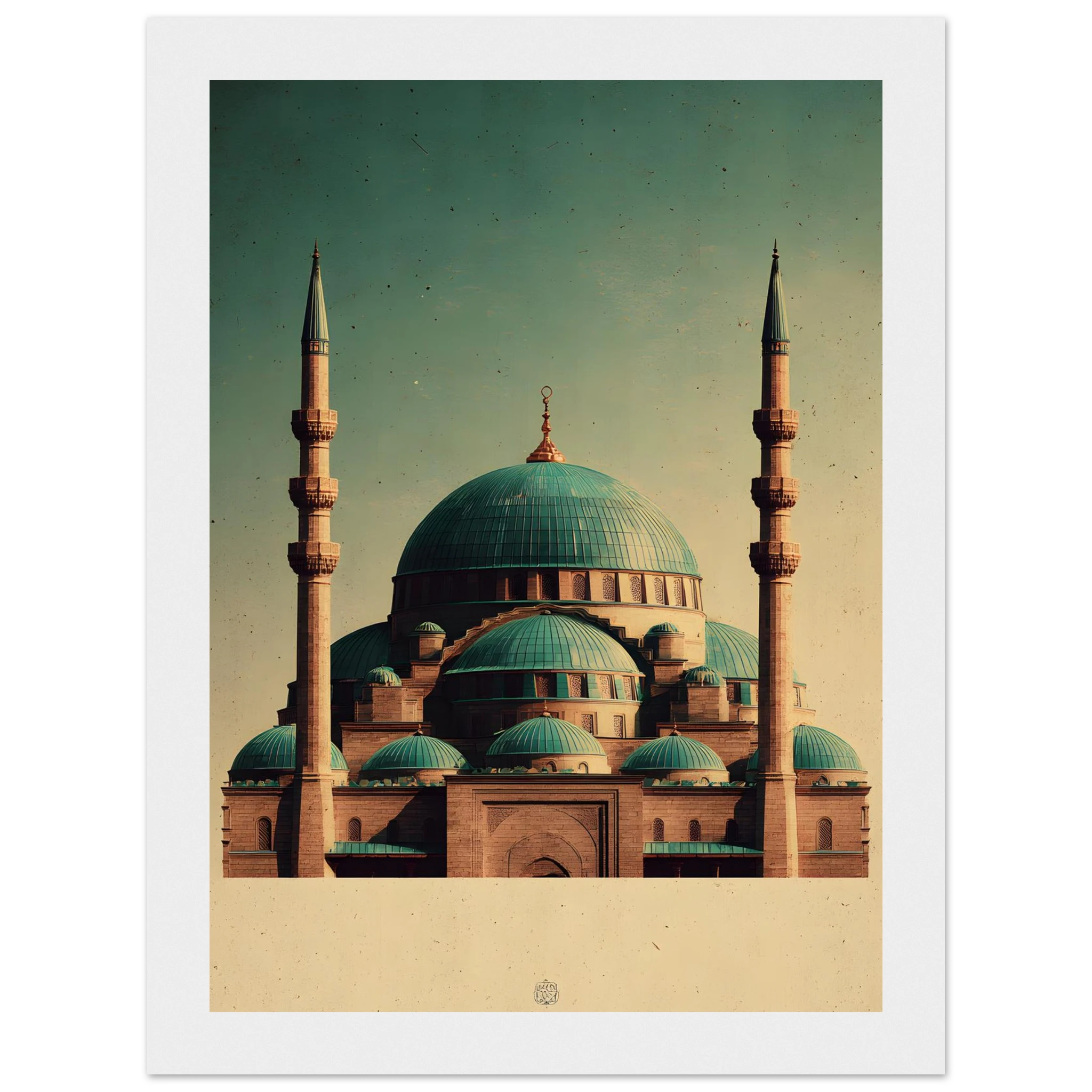 Indrammet plakat med Den Blå Moskés turkise kupler i Mazar-i-Sharif, i træramme — produktvisning 3