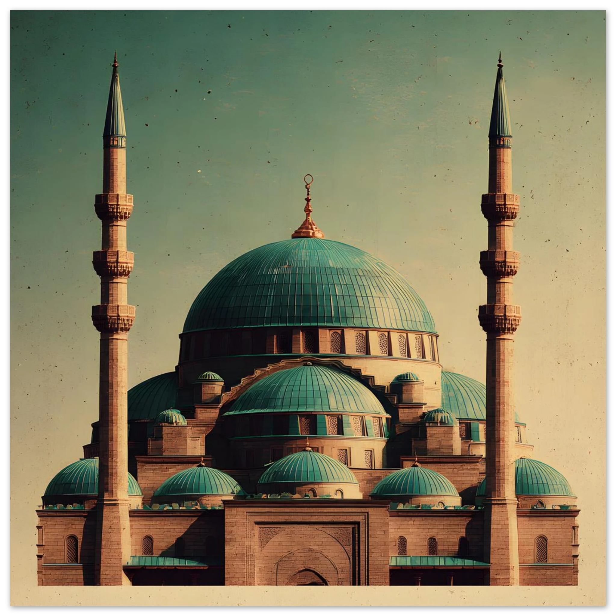 Plakat med Den Blå Moskés turkise kupler og to minareter i Mazar-i-Sharif — produktvisning 2