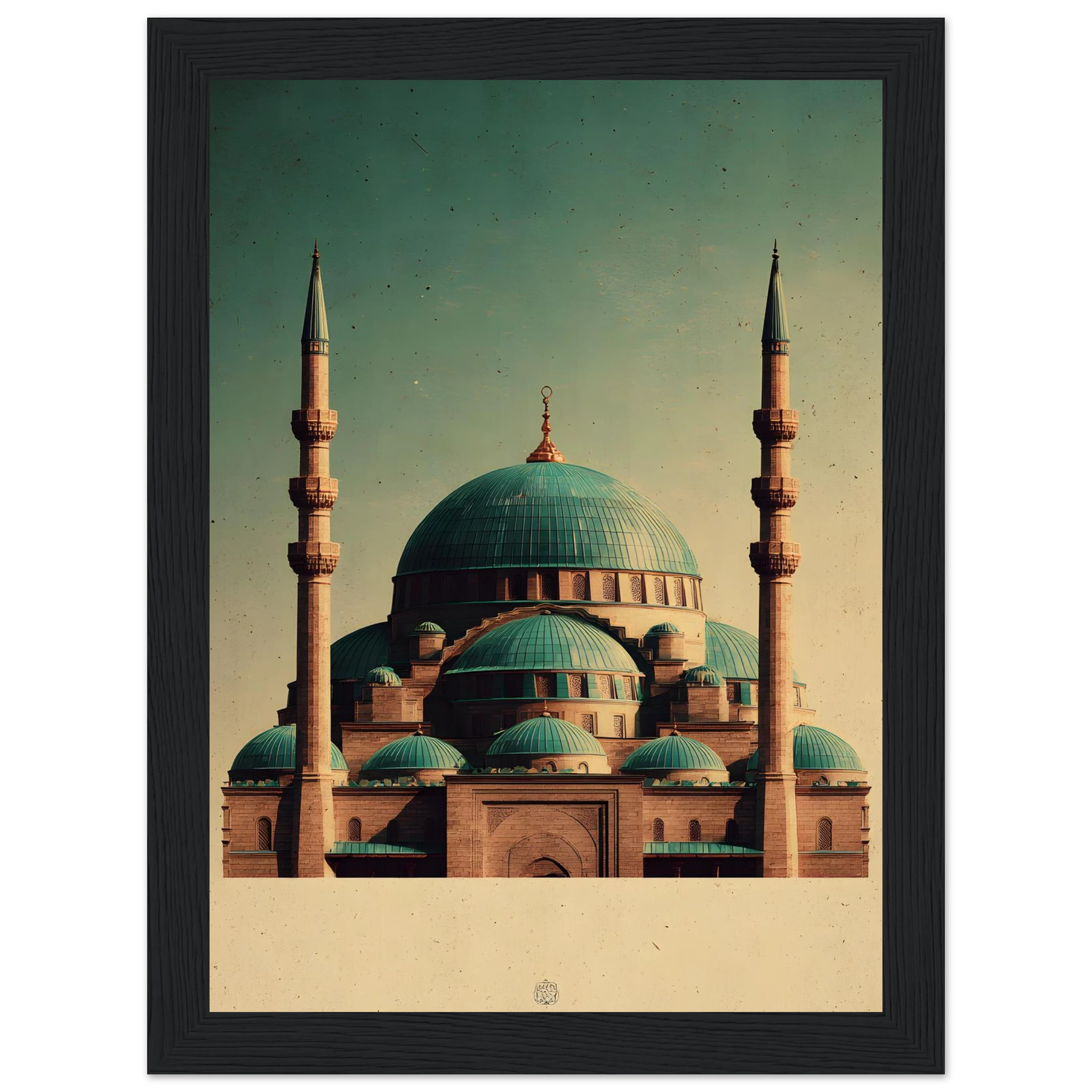 Indrammet plakat med Den Blå Moskés turkise kupler i Mazar-i-Sharif, i træramme