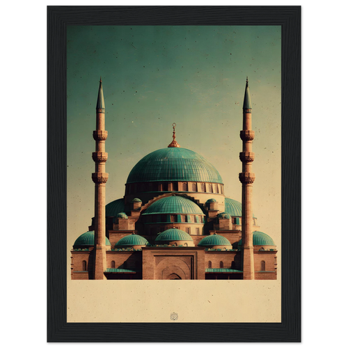 Indrammet plakat med Den Blå Moskés turkise kupler i Mazar-i-Sharif, i træramme