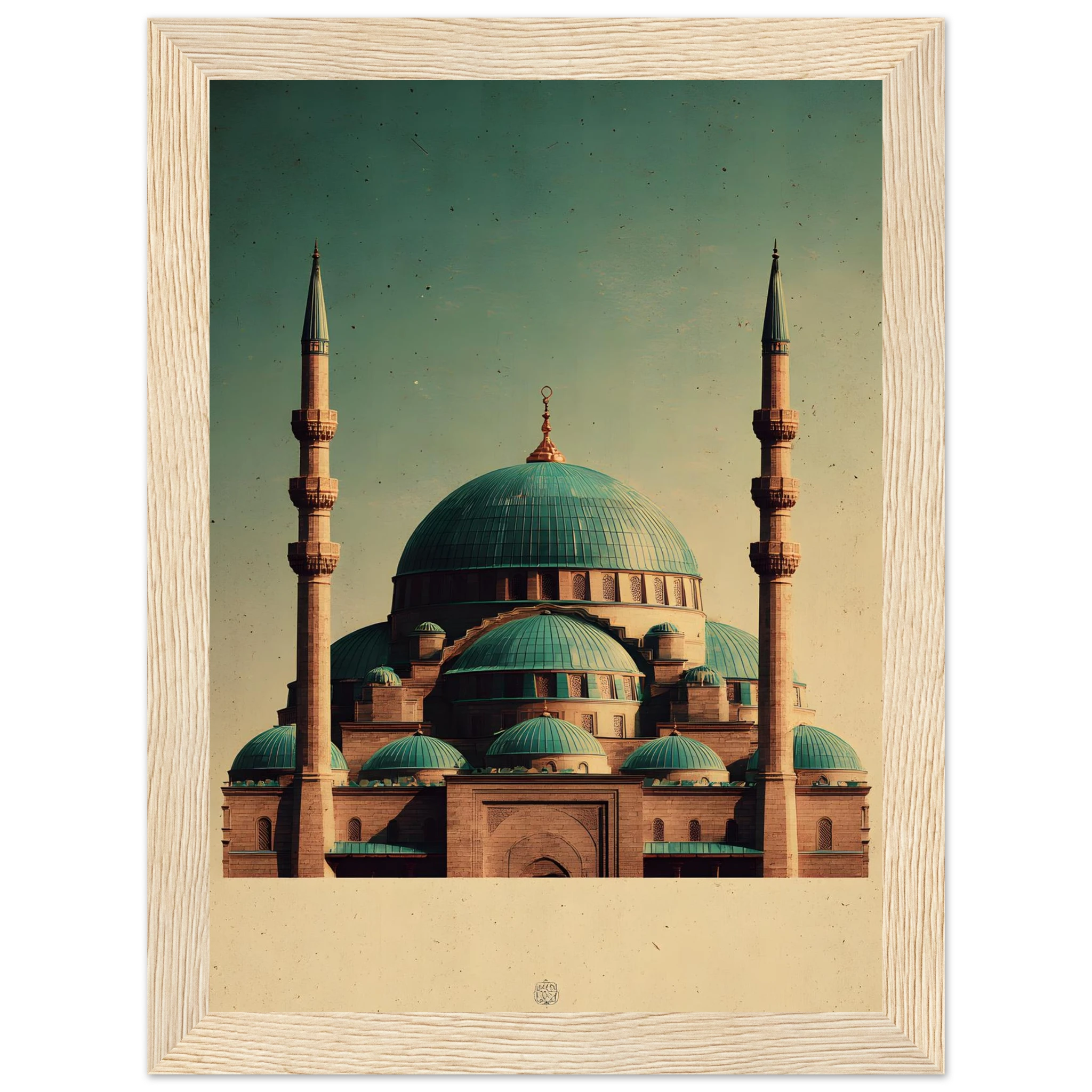 Indrammet plakat med Den Blå Moskés turkise kupler i Mazar-i-Sharif, i træramme — produktvisning 5
