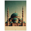Plakat med Den Blå Moskés turkise kupler og to minareter i Mazar-i-Sharif