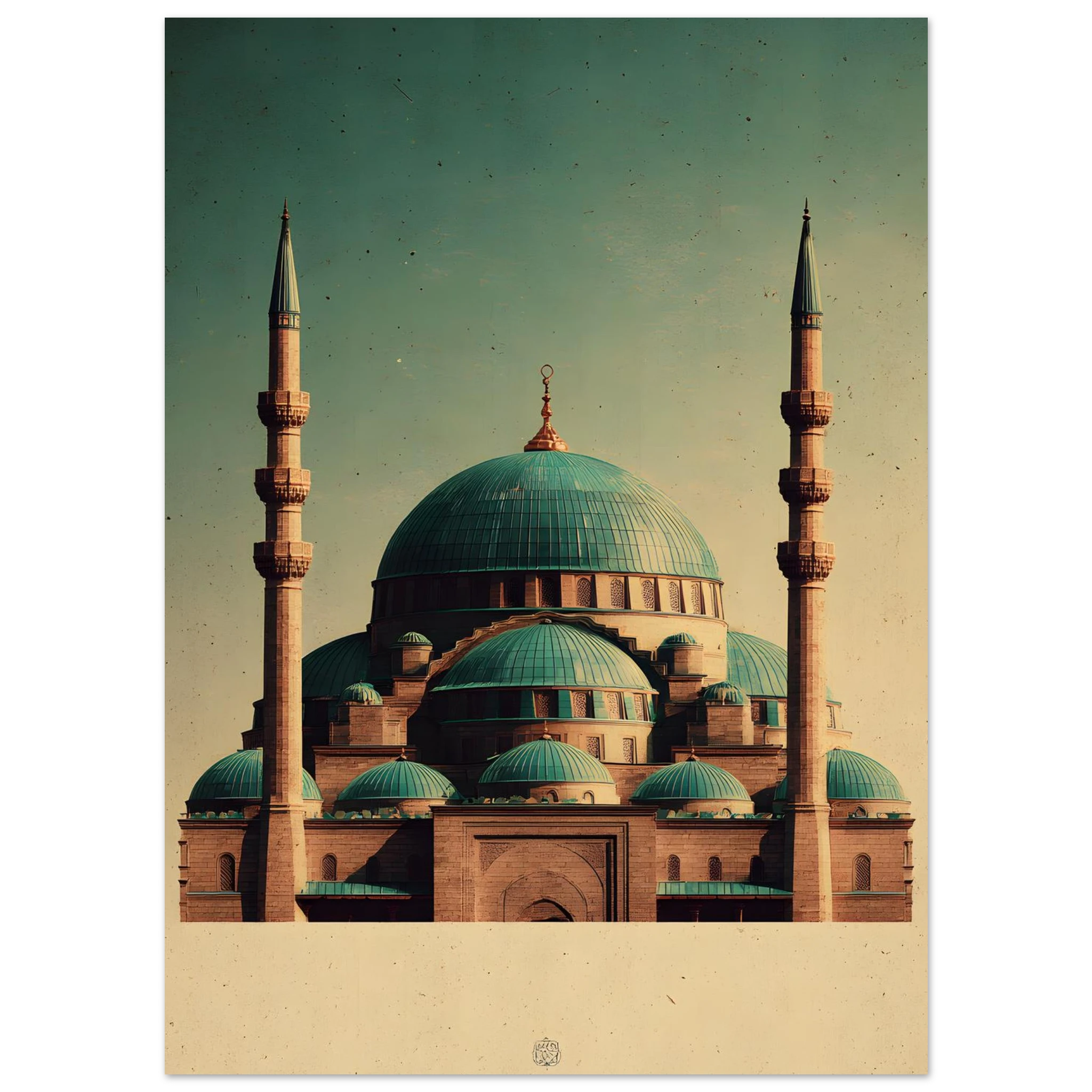 Plakat med Den Blå Moskés turkise kupler og to minareter i Mazar-i-Sharif