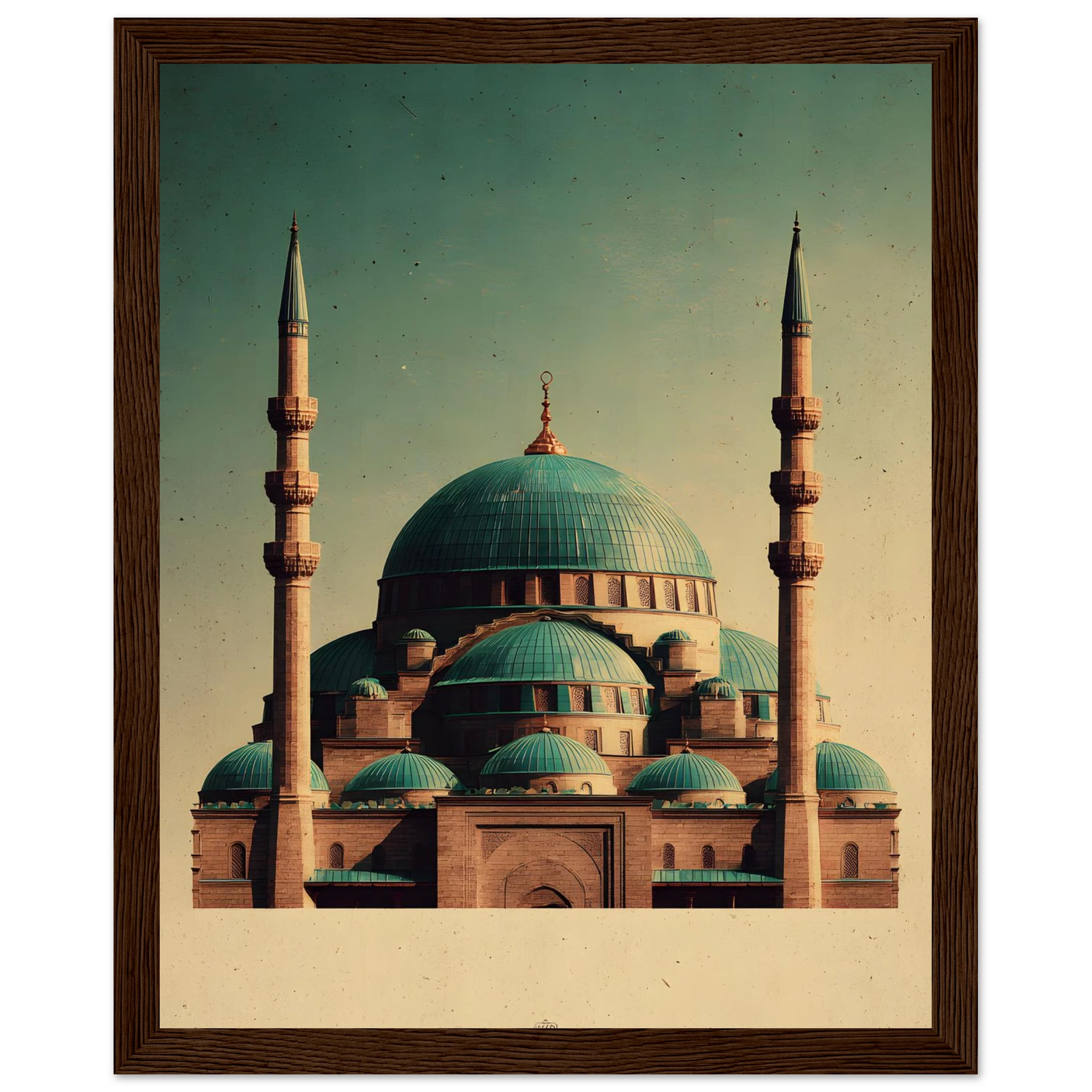 Indrammet plakat med Den Blå Moskés turkise kupler i Mazar-i-Sharif, i træramme — produktvisning 4