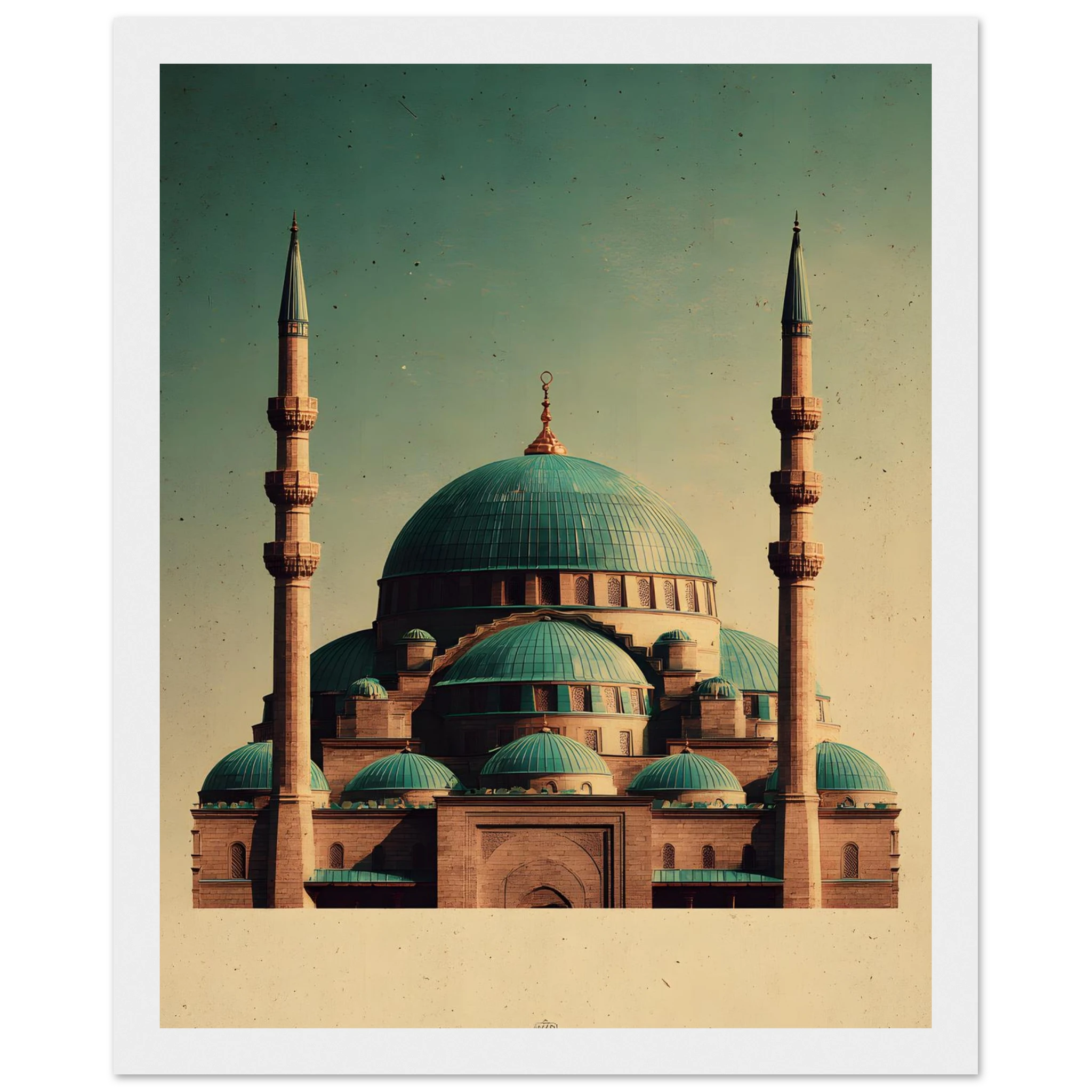 Indrammet plakat med Den Blå Moskés turkise kupler i Mazar-i-Sharif, i træramme — produktvisning 7