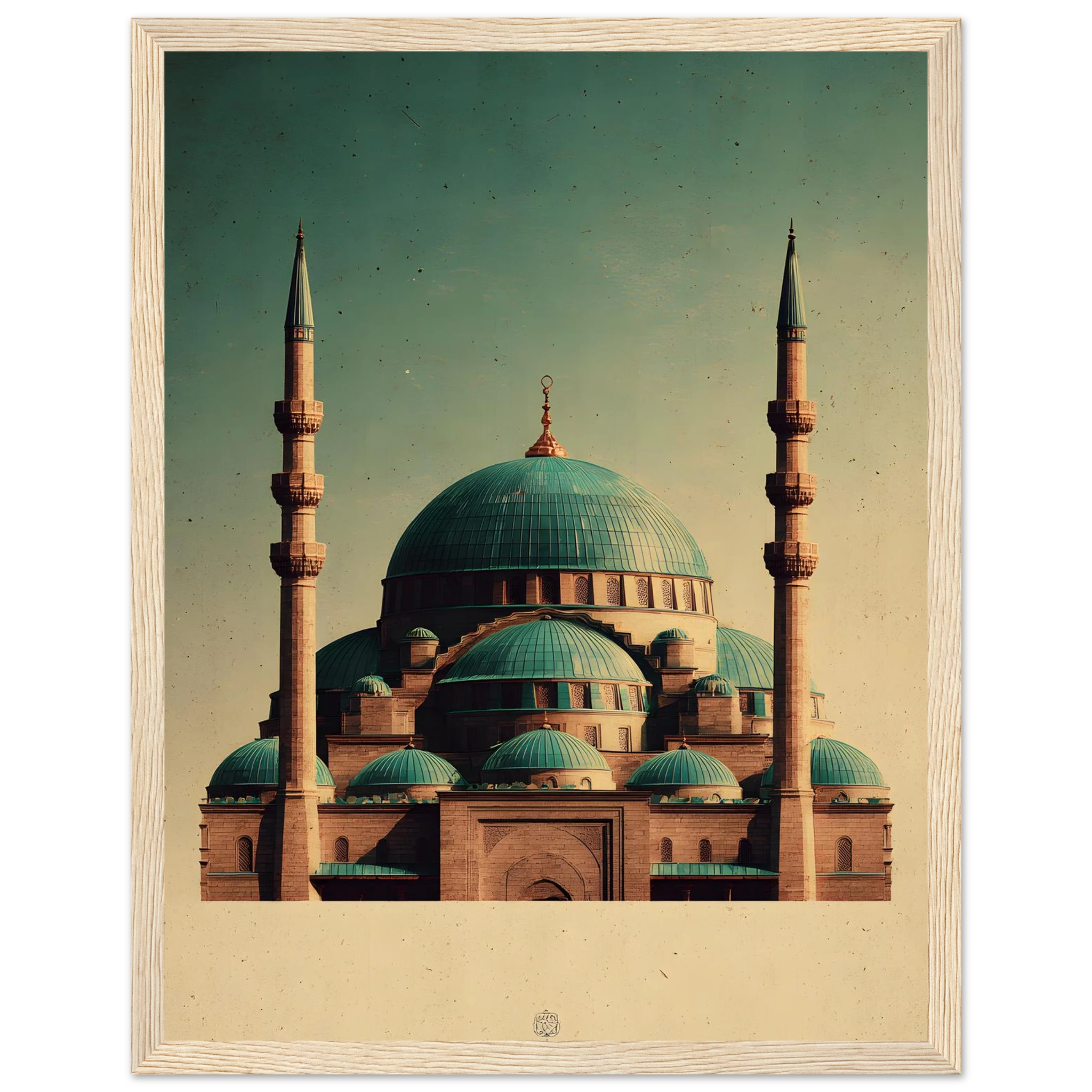 Indrammet plakat med Den Blå Moskés turkise kupler i Mazar-i-Sharif, i træramme — produktvisning 24