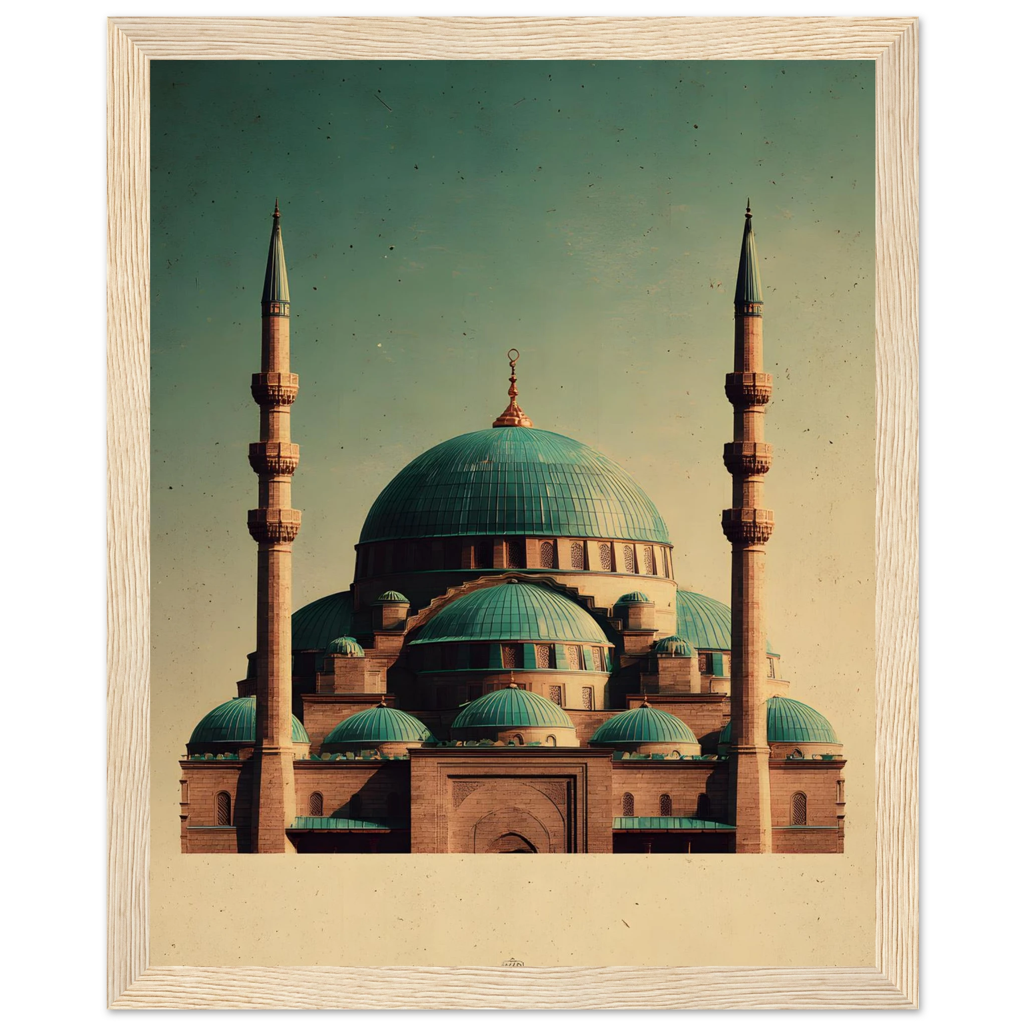 Indrammet plakat med Den Blå Moskés turkise kupler i Mazar-i-Sharif, i træramme — produktvisning 8