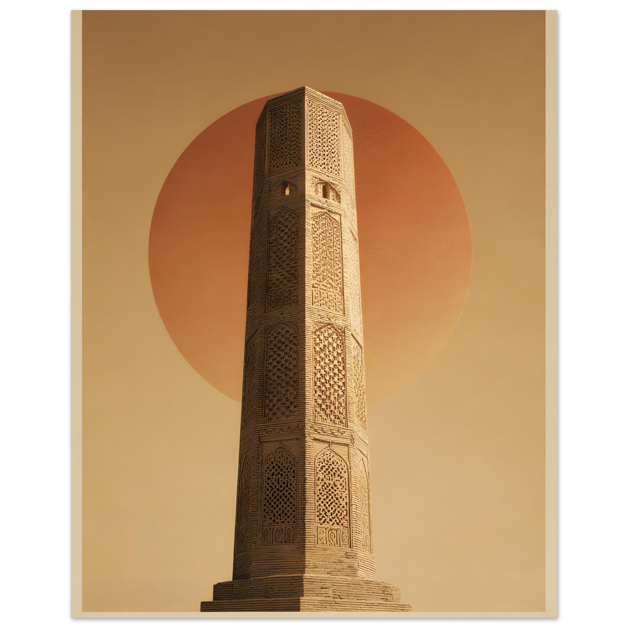 Plakat med Minaretten i Jam — en høj teglminaret med geometrisk murværk mod en rustrød solskive — produktvisning 2