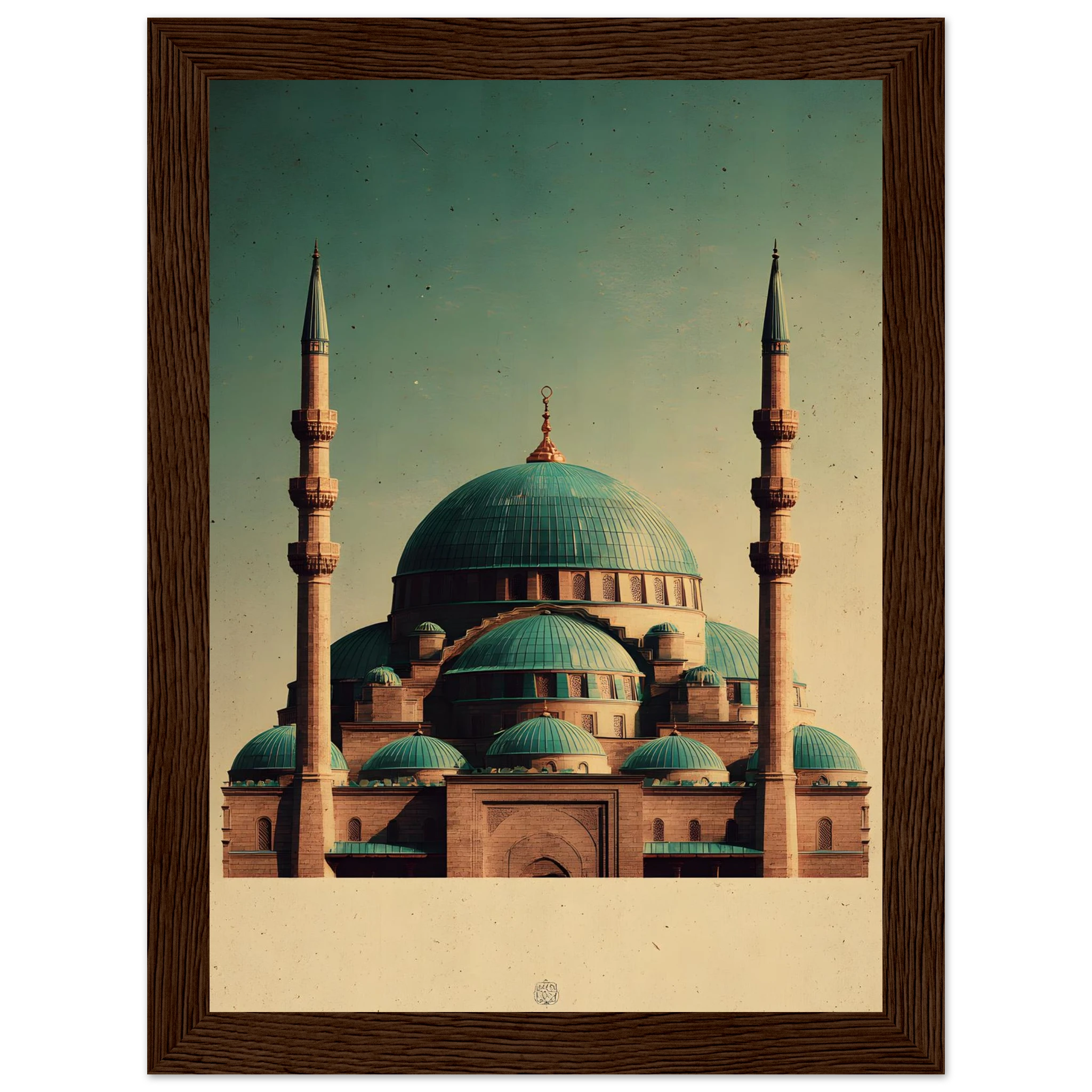 Indrammet plakat med Den Blå Moskés turkise kupler i Mazar-i-Sharif, i træramme — produktvisning 12