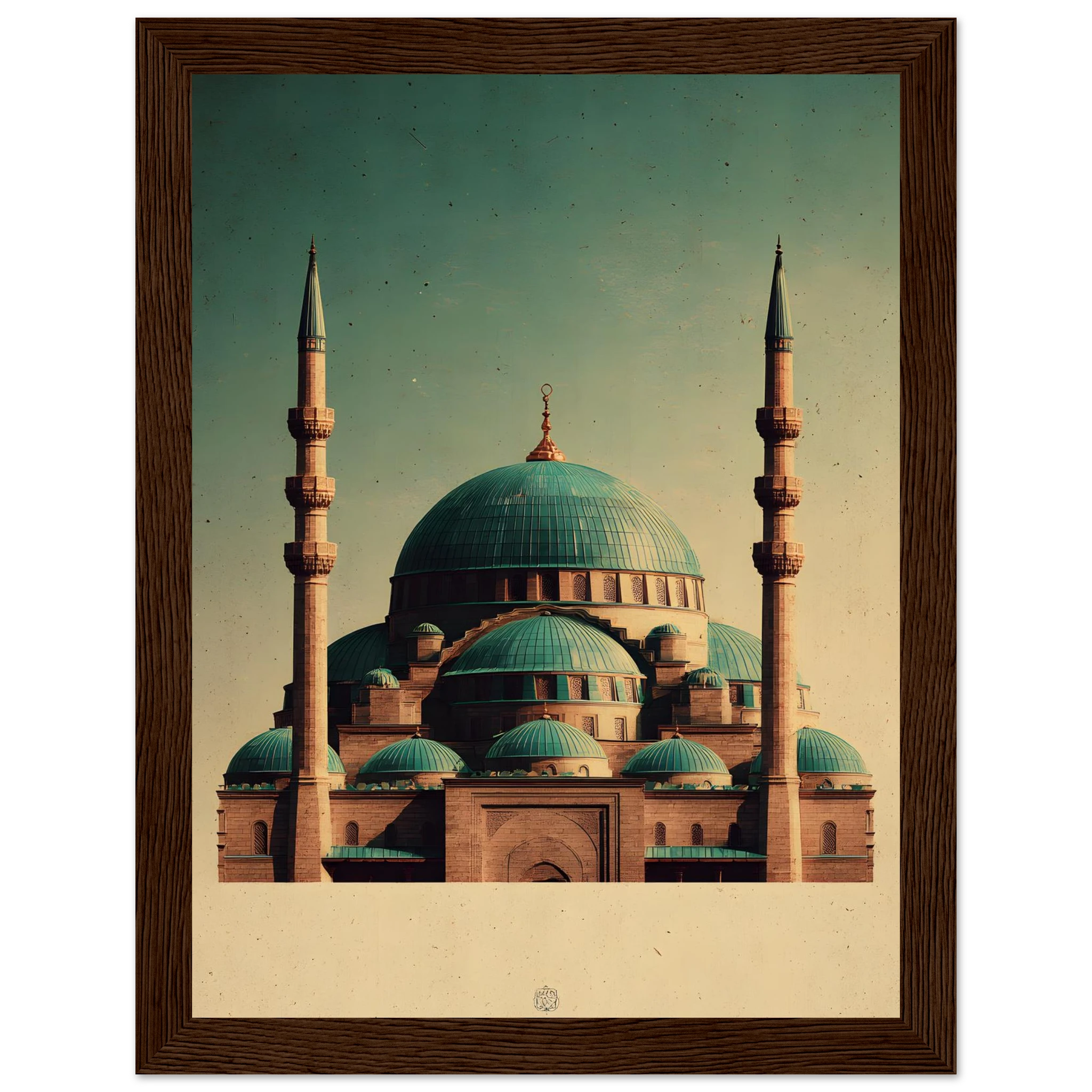 Indrammet plakat med Den Blå Moskés turkise kupler i Mazar-i-Sharif, i træramme — produktvisning 2