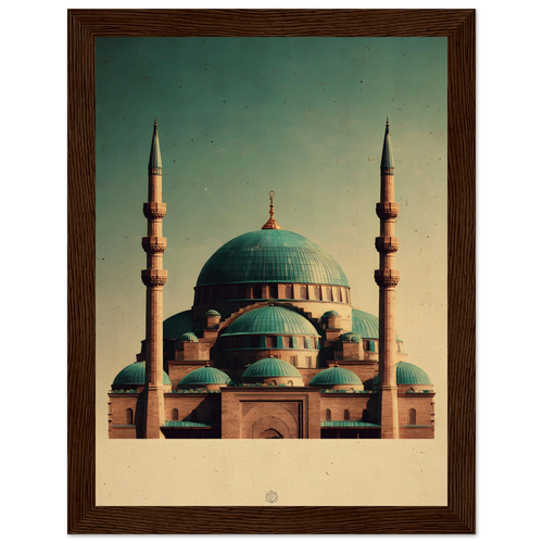 Indrammet plakat med Den Blå Moskés turkise kupler i Mazar-i-Sharif, i træramme — produktvisning 2