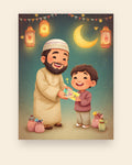 Børneplakat hvor en far rækker en eid-gave til sin søn under hængende lanterner