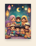 Børneplakat med en flok børn der fejrer eid under lanterner og stjerner