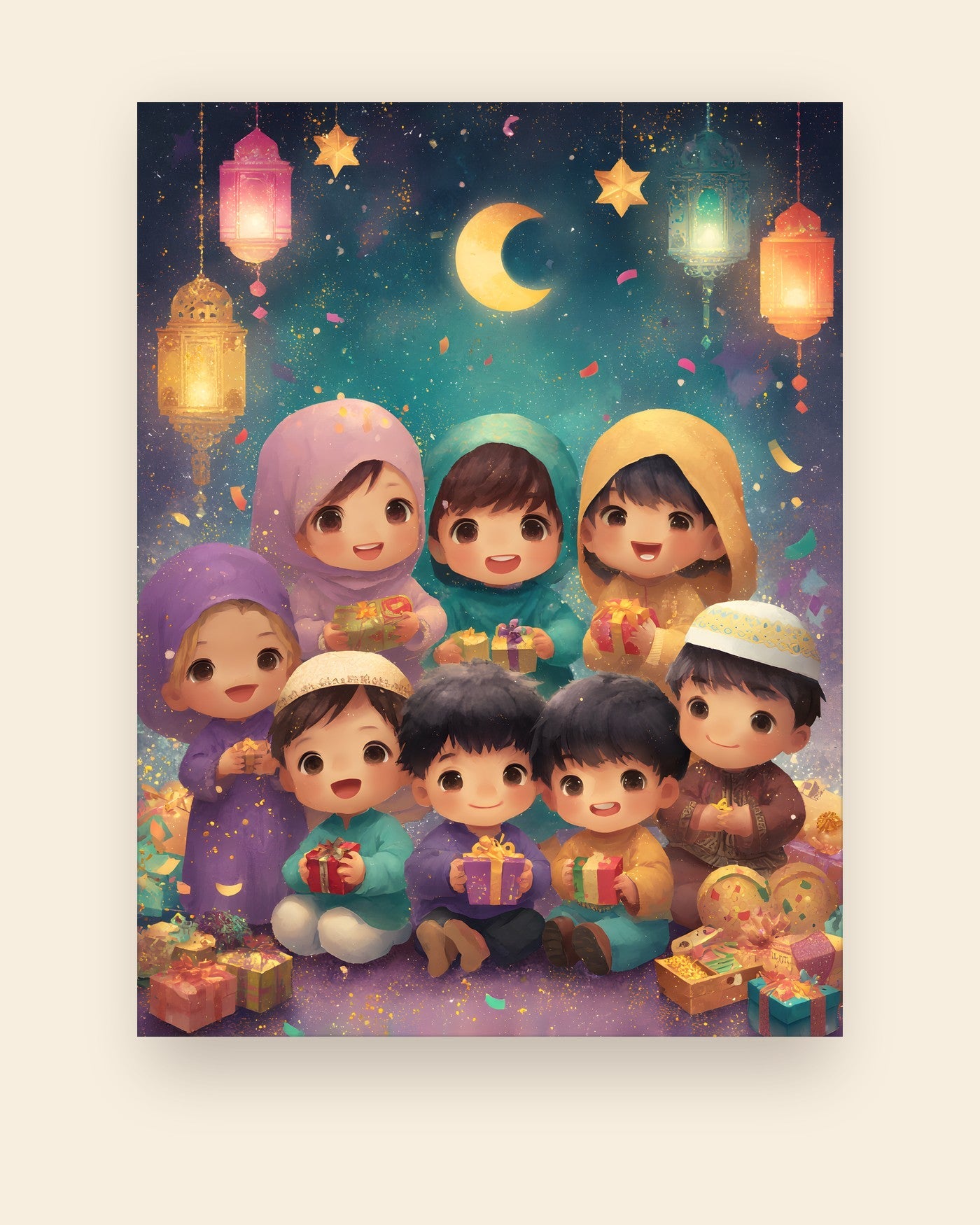 Børneplakat med en flok børn der fejrer eid under lanterner og stjerner