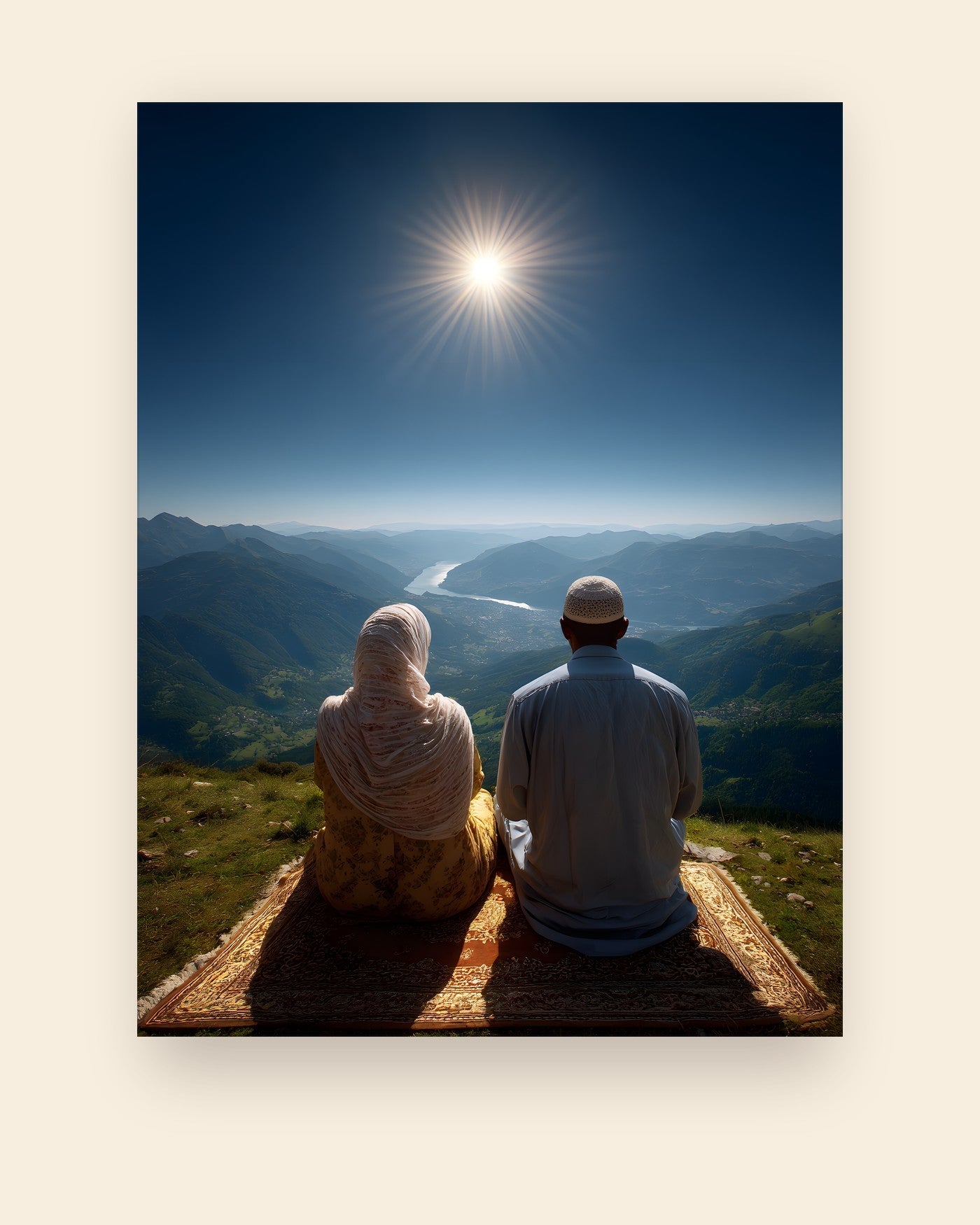 Plakat med to mennesker på et tæppe på en bjergkant med udsigt over en dal i lavt sollys