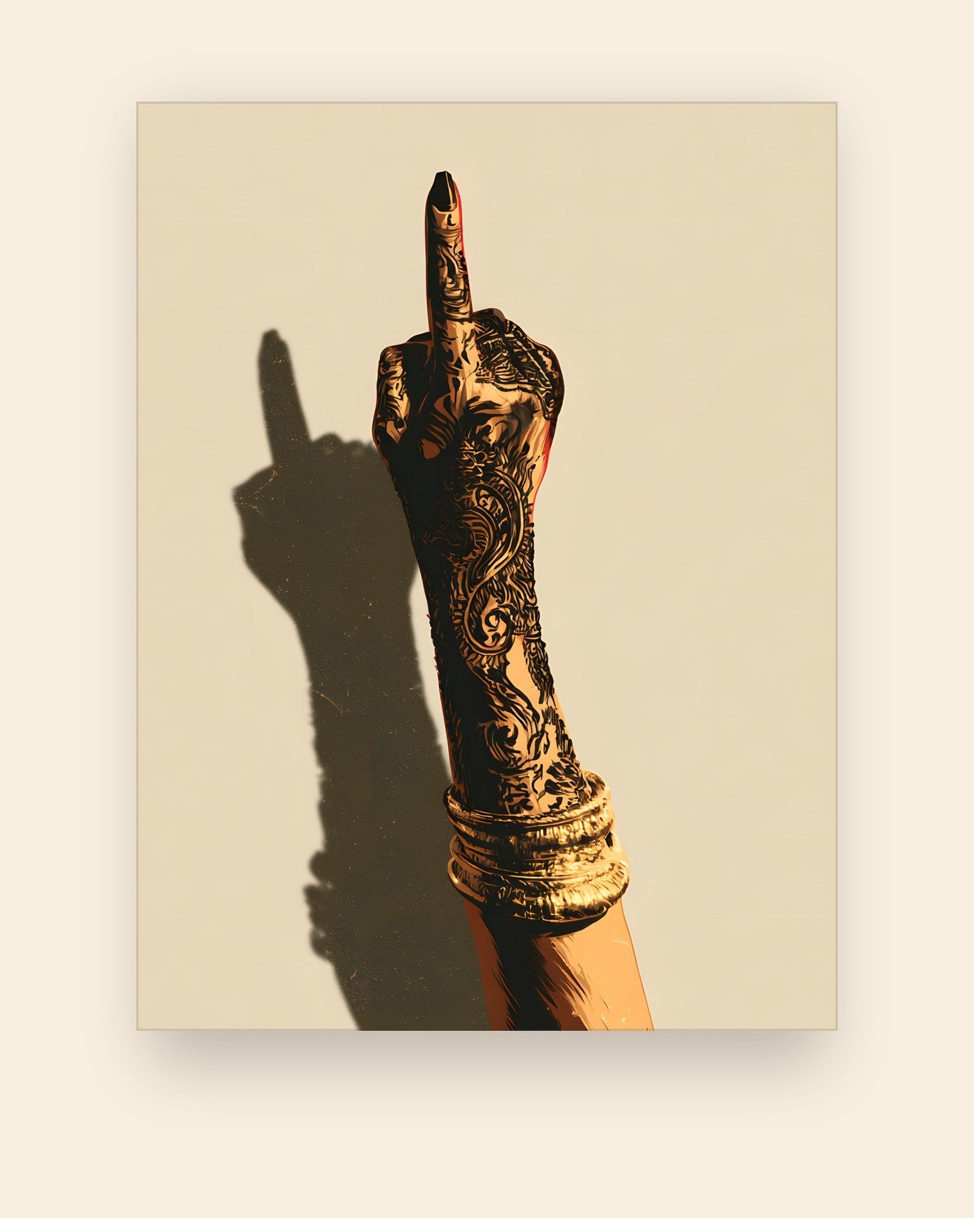 Plakat med en hånd i hennamønstre og guldarmbånd, med en enkelt finger strakt op