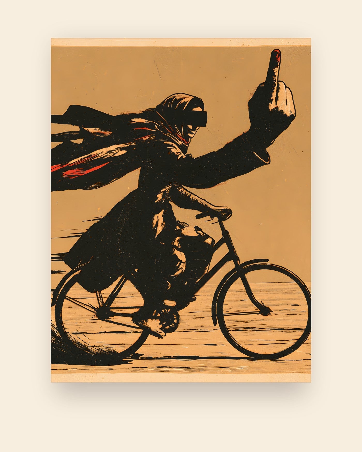 Plakat med en kvinde på cykel og tøjet flagrende bag sig