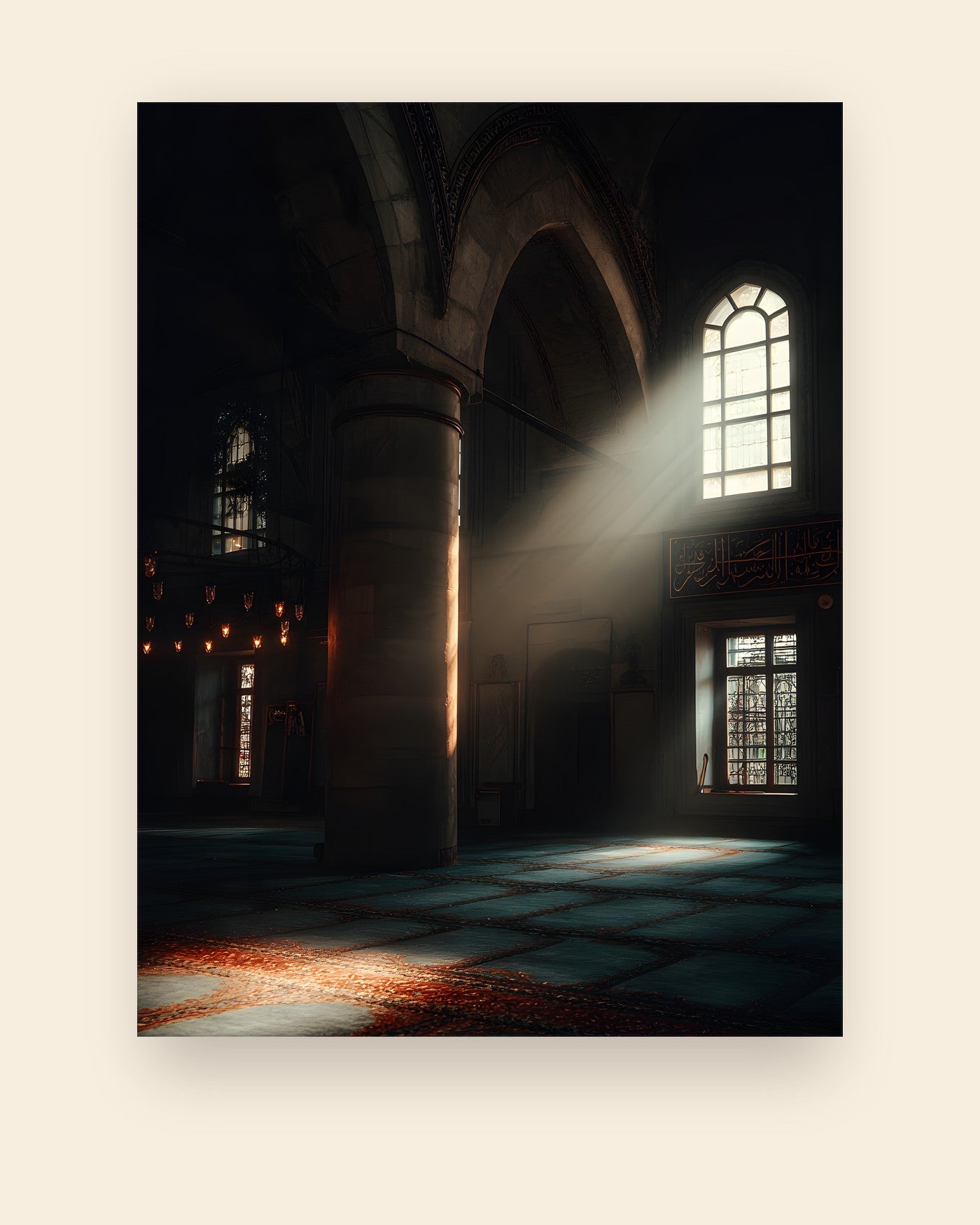 Plakat med et tomt bederum hvor lys falder ind gennem et højt vindue