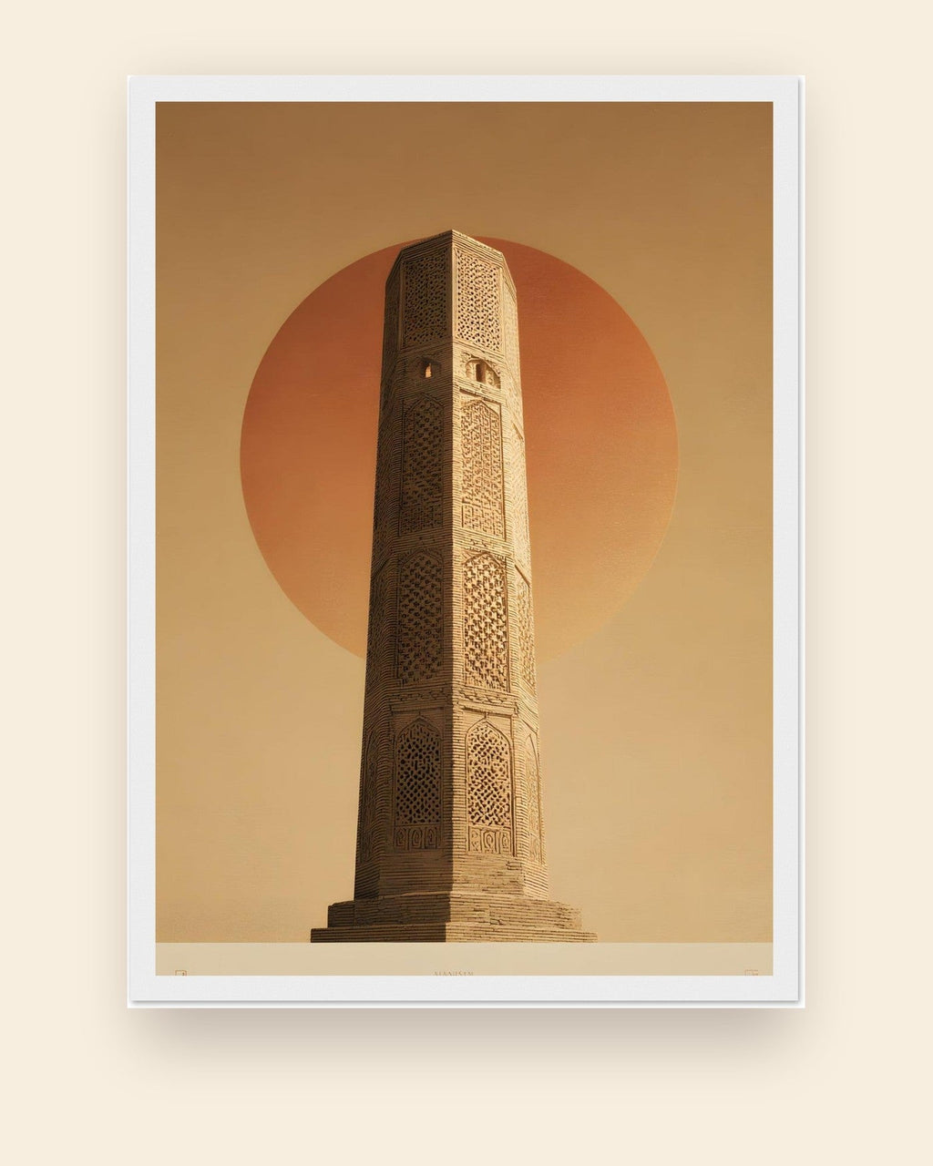 Minaretten i Jam — arkitekturplakat i ramme i ramme på creme