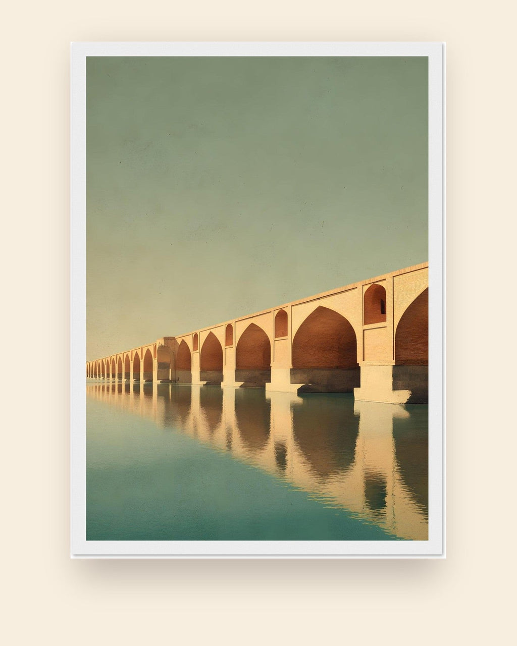 Si-o-se-pol, Isfahán — lámina de arquitectura enmarcada sobre fondo crema