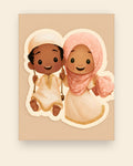 Børneplakat med tegnefigurerne Amir og Layla stående side om side