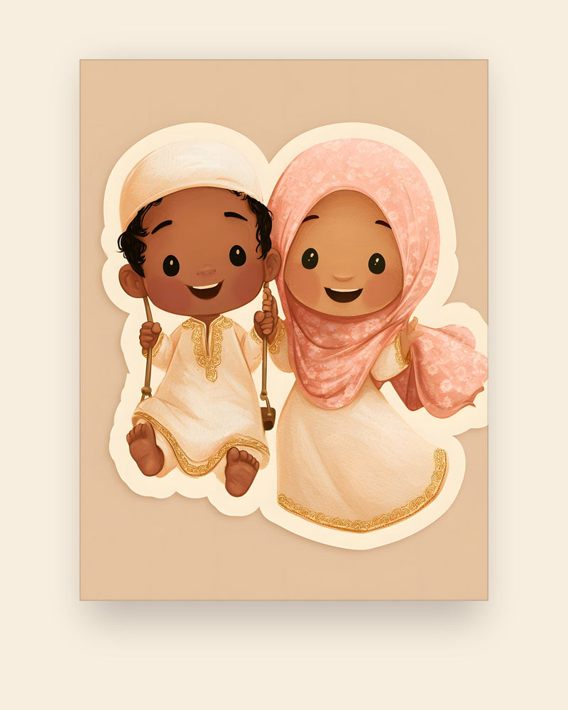 Børneplakat med tegnefigurerne Amir og Layla stående side om side