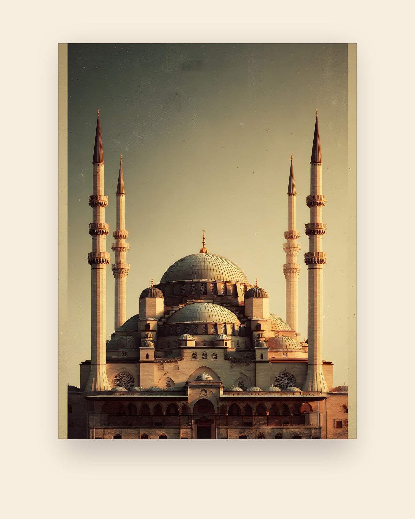 Plakat med Selimiye-moskeens store kuppel og fire slanke minareter i Edirne