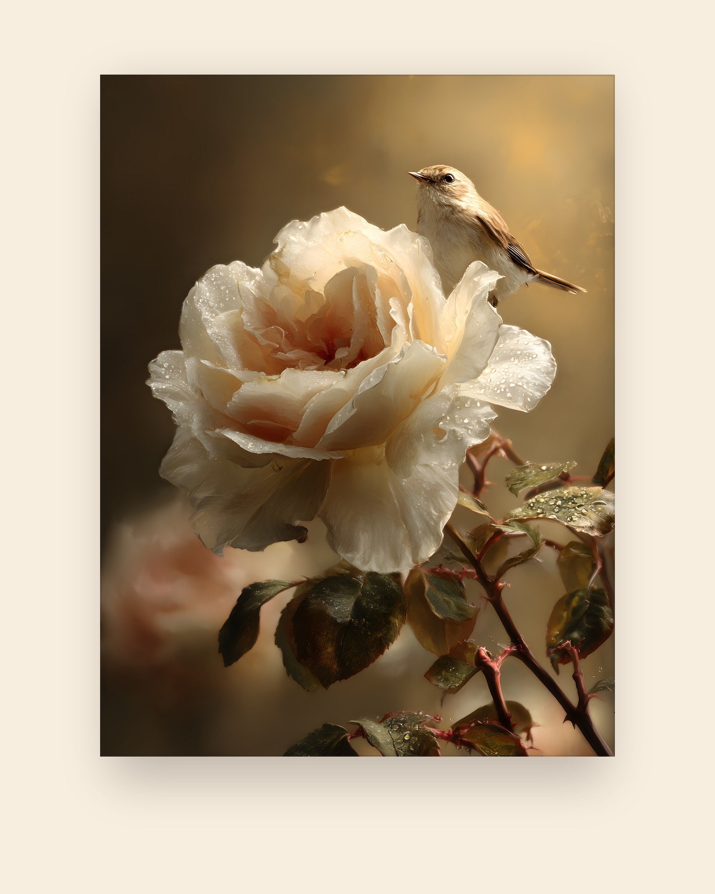 Plakat med en lys rose og en lille fugl siddende på den, i malerisk stil
