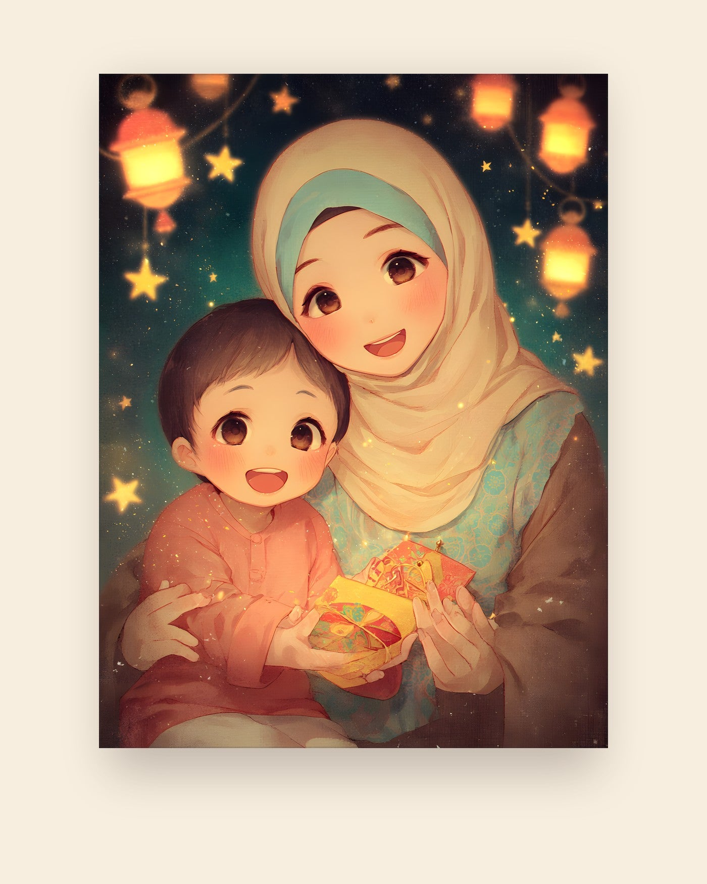 Børneplakat med en mor og hendes barn under hængende eid-lanterner i varmt lys
