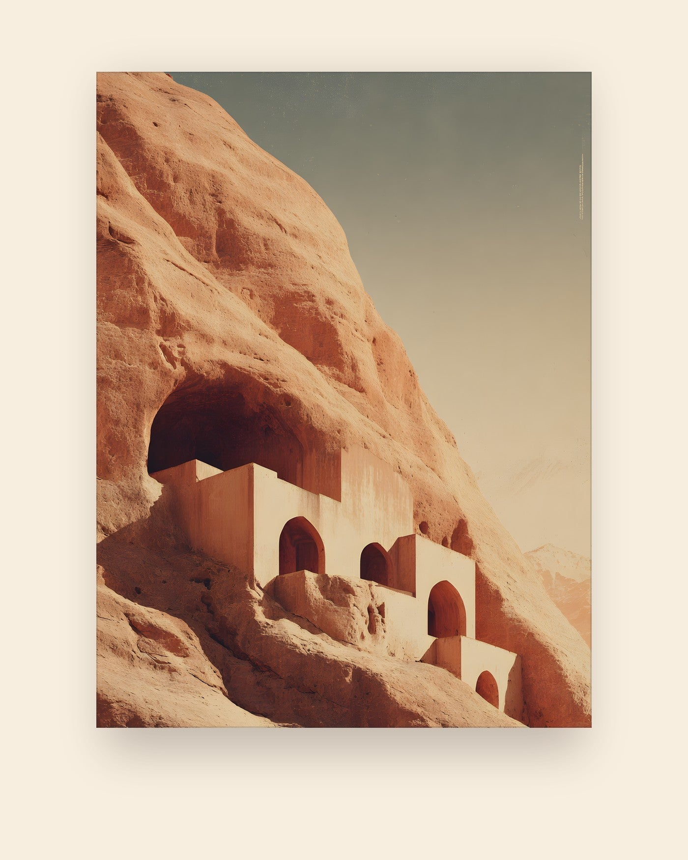 Plakat med de to tomme buddhanicher hugget ind i sandstensklippen i Bamiyan